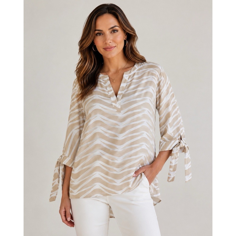 New York & Company Zebra Print Blouse L Beige White Tie Cuff Hi Low Top